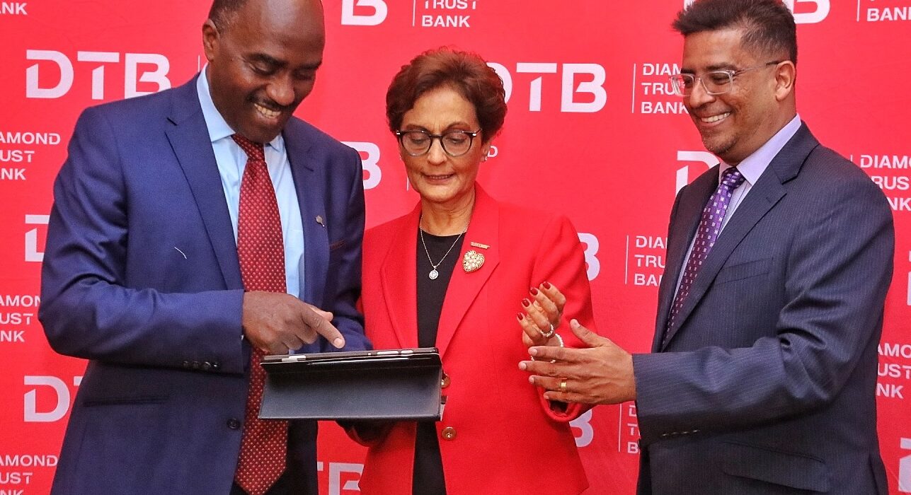 DTB Chairman Linus Gitahi (left) with DTB Group CEO Nasim Devji and Finance & Strategy Director Alkarim Jiwa (right)