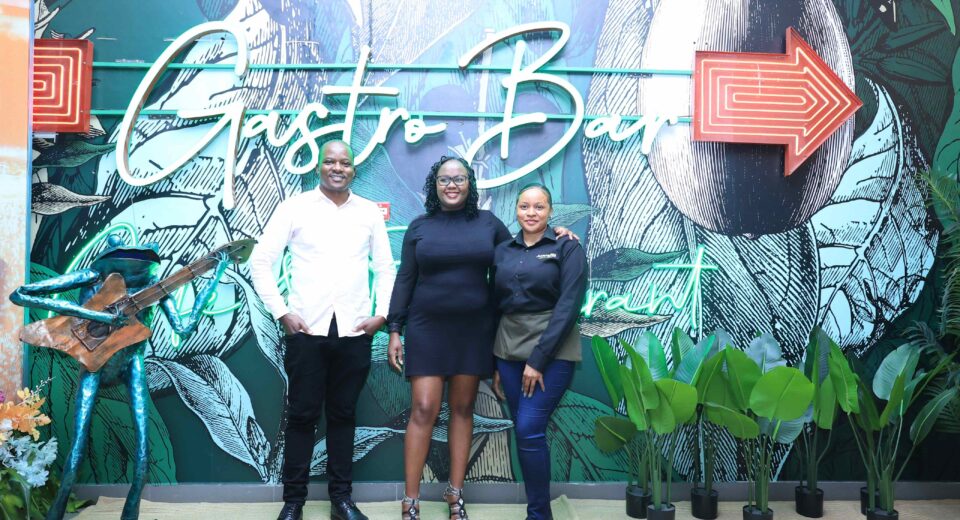 Artcaffe Regional Manager Alfonce Nzyuko, Head of Customer Care Services Jackie Mwanza, and service attendant Faith Bulimu during the opening launch of Artcaffe Gastro Bar Imara mall along Mombasa Road.