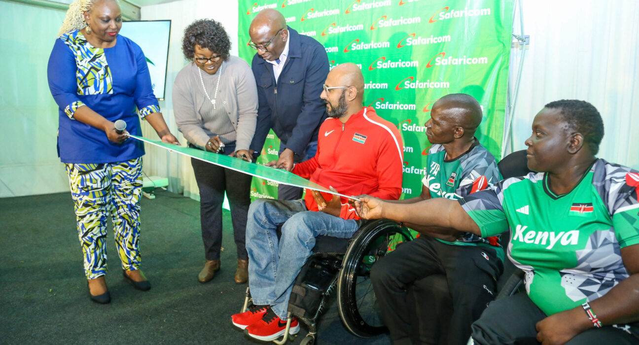 From left: Safaricom PLC Chief Enterprise Business Officer, Cynthia Kropac, Safaricom PLC Director- Customer Obsession, Lucille Aveva, Safaricom PLC Chief Business and Development Officer, Michael Mutiga, Kenya National Paralympics Committee (KNPC) Vice Chairman, Bhaveet Chudasama, KNPC Board Member, John Tita and KNPC Treasurer, Lena Marita. This was during the Safaricom sponsored financial literacy and Media training for the National Paralympics team at Windsor hotel.