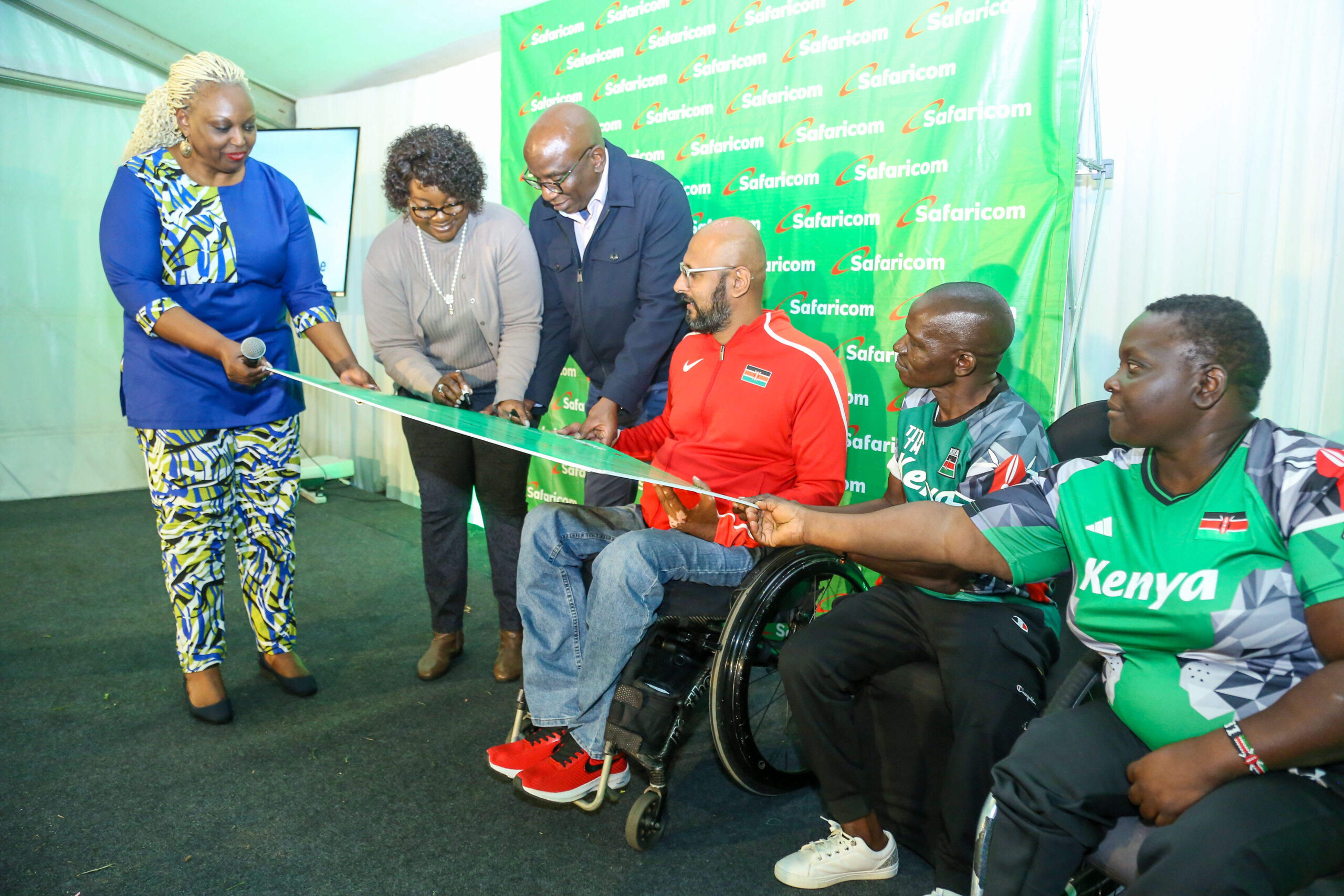 From left: Safaricom PLC Chief Enterprise Business Officer, Cynthia Kropac, Safaricom PLC Director- Customer Obsession, Lucille Aveva, Safaricom PLC Chief Business and Development Officer, Michael Mutiga, Kenya National Paralympics Committee (KNPC) Vice Chairman, Bhaveet Chudasama, KNPC Board Member, John Tita and KNPC Treasurer, Lena Marita. This was during the Safaricom sponsored financial literacy and Media training for the National Paralympics team at Windsor hotel.