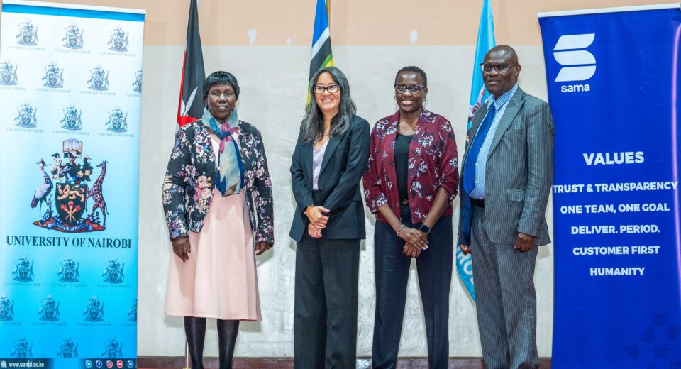 Prof. Margaret Hutchinson, Acting Vice-Chancellor, University of Nairobi(left), Wendy Gonzales, Sama AI CEO, AnnePeace Alwala, VP Global Service Delivery, Sama and Prof. Francis Mulaa, Ag. DVC Research Innovation and Enterprise pose for a photo after the Generative AI Public Lecture at the University of Nairobi.