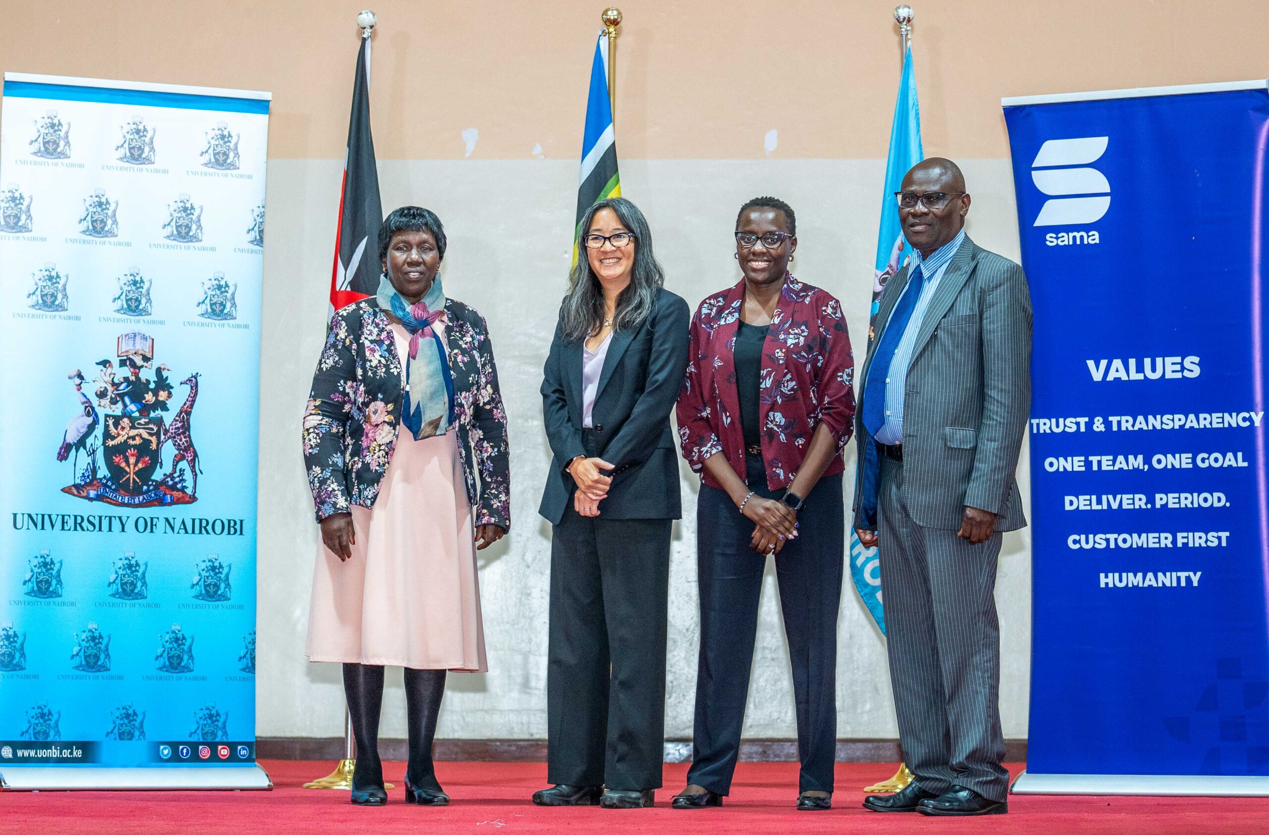 Prof. Margaret Hutchinson, Acting Vice-Chancellor, University of Nairobi(left), Wendy Gonzales, Sama AI CEO, AnnePeace Alwala, VP Global Service Delivery, Sama and Prof. Francis Mulaa, Ag. DVC Research Innovation and Enterprise pose for a photo after the Generative AI Public Lecture at the University of Nairobi.