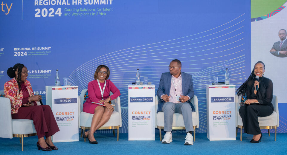 From left Caroline Karoki, Head of People & Culture ALN, Lynette Gitobu- Africa Head of Talent Engagement, Diageo, Raymond Muthama-Chief People & Culture Officer, Zamara Group and Maureen Njuguna-HR Head, Technology Cluster, Safaricom during a panel discussion at the Zamar Regional HR Summit.