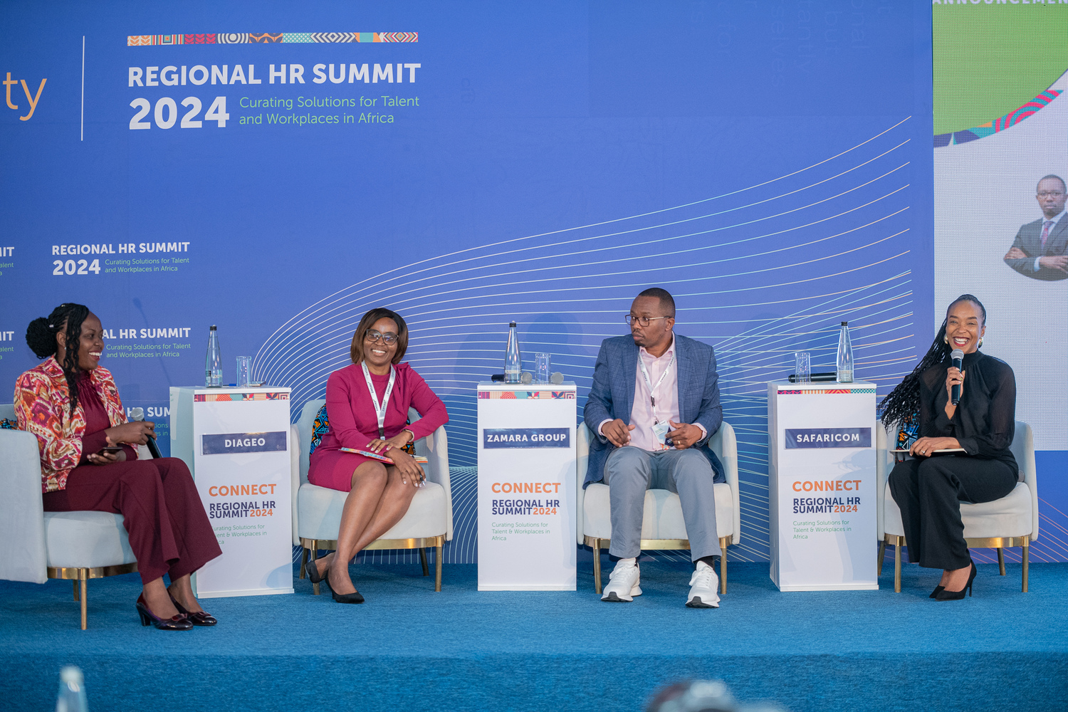 From left Caroline Karoki, Head of People & Culture ALN, Lynette Gitobu- Africa Head of Talent Engagement, Diageo, Raymond Muthama-Chief People & Culture Officer, Zamara Group and Maureen Njuguna-HR Head, Technology Cluster, Safaricom during a panel discussion at the Zamar Regional HR Summit.