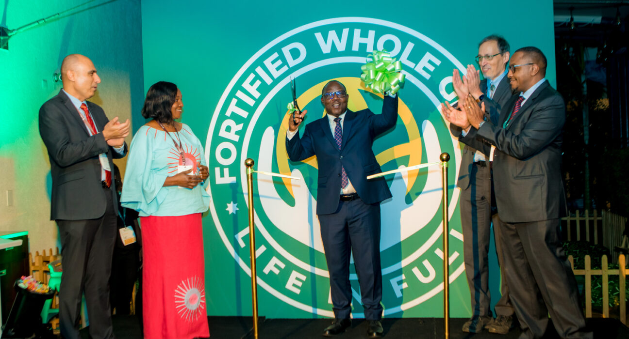 Hon. Minister Jean Claude Musabyimana (centre) of Rwanda's Ministry of Local Government officially launches the Fortified Whole Grain Alliance (FWGA) at the Africa Food Systems Conference Summit, hosted by the Government of Rwanda. He was joined by David Kamau, Managing Director - Fortified Whole Grain Alliance (Right) and from The Rockefeller Foundation, Roy Steiner - Senior Vice President, Food, Peiman Milani - Director, Food and Betty Kibaara - Director, Food Initiative.