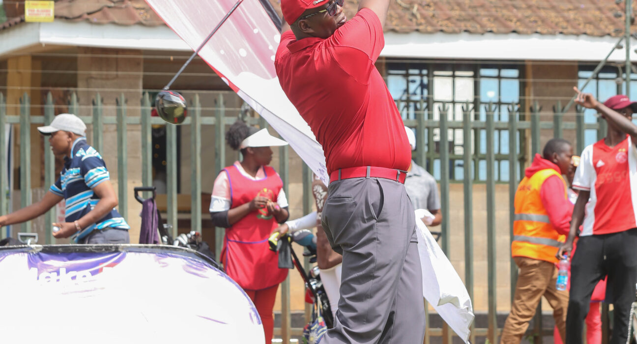 Azu Ogolla follows his tee shot during the centenary golf day at the Ruiru Sports Club on December 9, 2023.