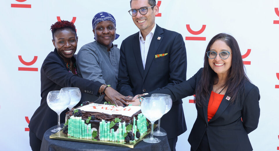 Adel Mojarrad, General Manager, Kwetu Nairobi Curio Collection by Hilton cuts a cake flanked by Mourine Oloo, Brand Manager, Chef Agnes Aoko, Executive Pastry Chef and Neelma Maru, `director of sales during the official launch of Kwetu Nairobi, curio collection by Hilton.