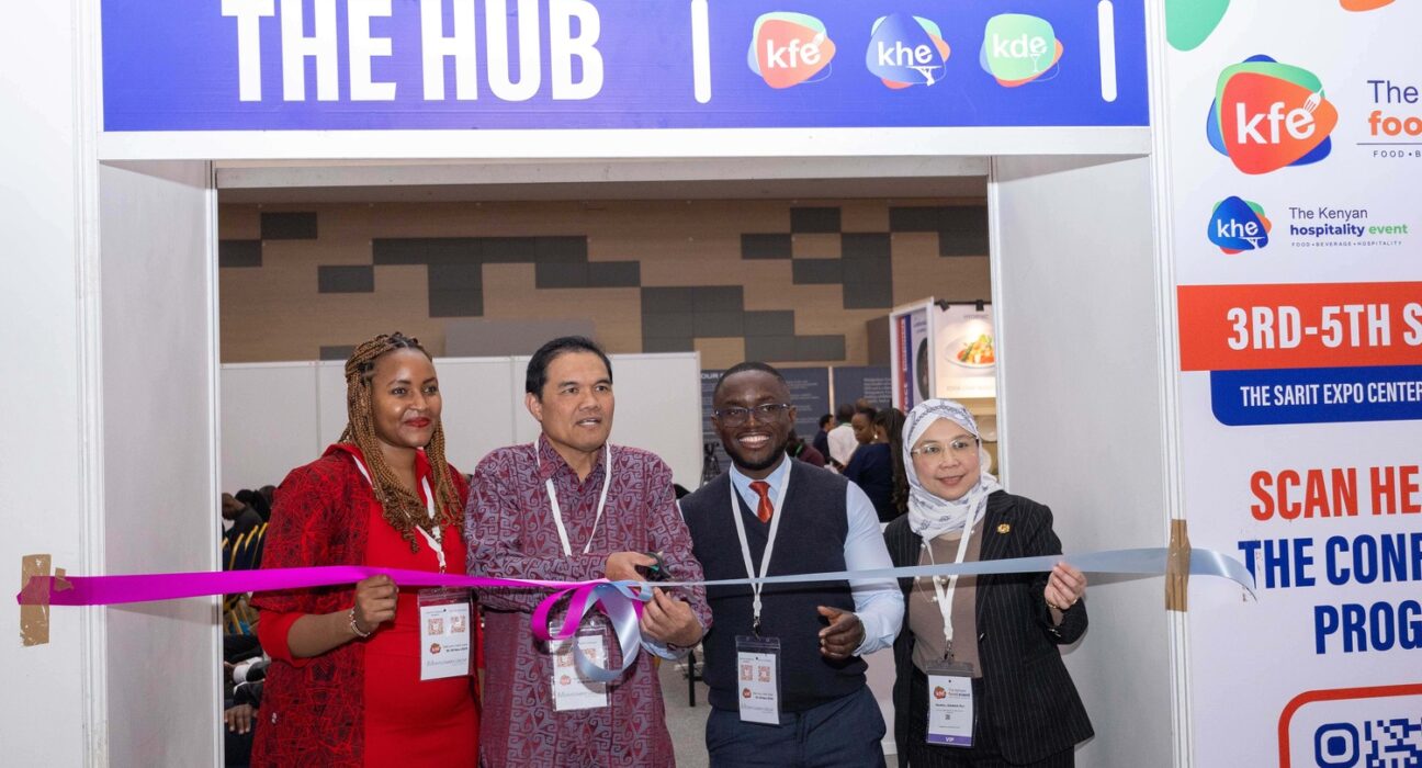 From Left; Angela Kinyua, MD, Montgomery East Africa, Ruzaimi Mohammed, High Commissioner of Malaysia, Stephen Osedo, Head County Programs & SME Development at KNCC and Mrs. Norfaizah Husin, PA to High Commissioner of Malaysia during the Kenyan Food Event 2024 opening ceremony ribbon cutting at Sarit Centre in Nairobi
