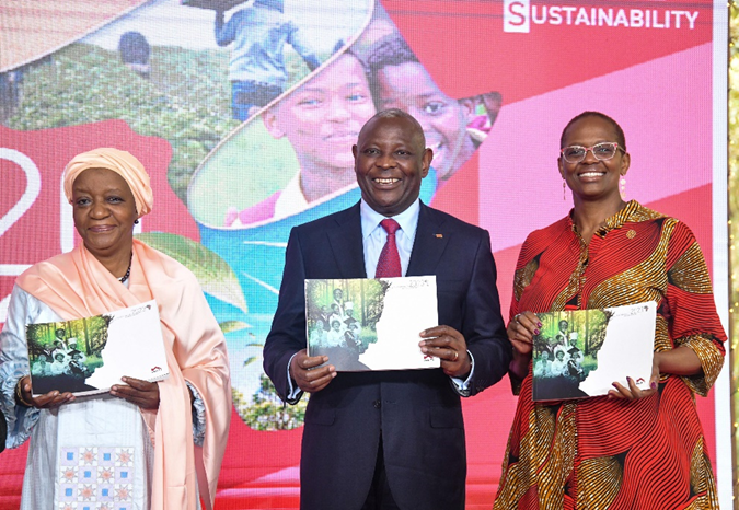 Zainab Bangura, the UN Under-Secretary-General and Director-General of the United Nations Office in Nairobi, Equity Group Managing Director and CEO, Dr. James Mwangi and Wanjira Mathai, Managing Director of the Africa Division, World Resources Institute, during the launch of Equity Group's 2023 Sustainability Report. The report underscores the Group's commitment to advancing sustainability through the enhancement of its strategy from a twin engine to a holistic tri-engine model focusing on Social, Economic, Nature and Environment all driving a sustainable business model. This go-to market approach will see the Group accelerate its actions in key sustainability areas such as Environmental, Social, Climate and Nature risk management, climate finance, socio-economic resilience support, sustainable integrated financial services, and stakeholder impact.