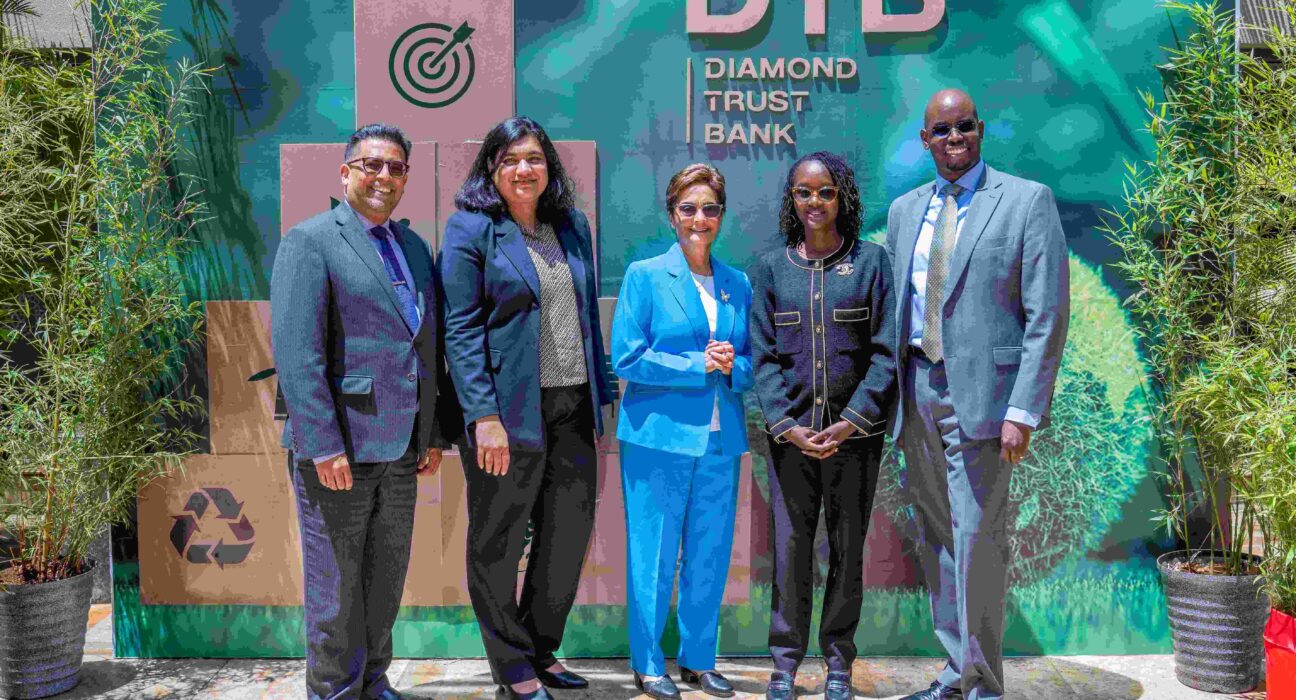 From left: Alkarim Jiwa, Finance & Strategy Director at DTB, Reshma Shah, Lead Carbon Market FSD Africa, Nasim Devji Group CEO DTB, Clarice Wambua, Environmental Lawyer & Consultant Cliffe Dekker Hofmeyer and Paul Muthaura CEO Africa Carbon Markets Initiative during the DTB fourth Economic and Sustainability Forum held at Serena Hotel in Nairobi.