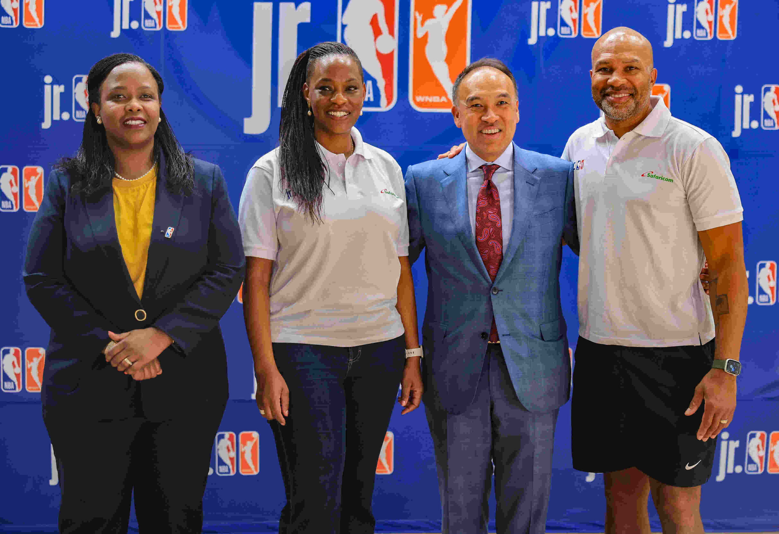 From left to right: Clare Akamanzi - NBA Africa CEO, Esther Waititu -Chief Financial Services Officer – Safaricom PLC, Mark Tatum - Deputy Commissioner NBA and Derek Fisher - 5-time NBA Champ pose for a photo during the NBA (National Basketball Association)- Africa and Safaricom through M-PESA partnership launch of a youth basketball development program geared towards empowering the youth by providing opportunities through sports held at Sabis International School in Nairobi.