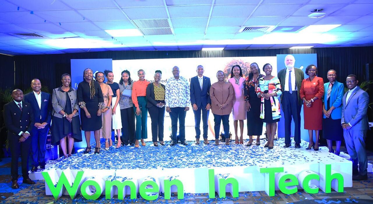 Mr. Kariuki Ngari, Managing Director and CEO of Standard Chartered Kenya and Africa (center), and Dr. Vincent Ogutu -Vice Chancellor of Strathmore University (center), poses with the top 7 winners of the Standard Chartered Women in Tech Cohort 7 program. Accompanying them are senior management members from Standard Chartered and Strathmore University.