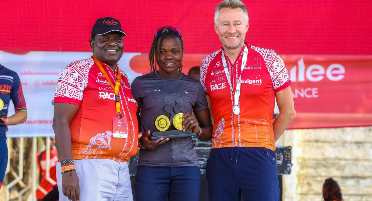 Monica Jelimo crosses the finish line to be the overall women winner in the third edition of the Jubilee Live Free Race in Nairobi.