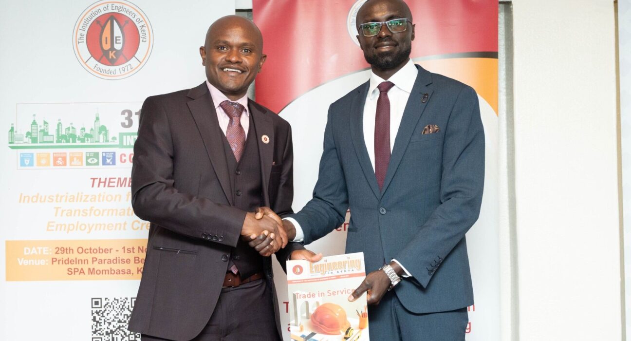 Eric Mugaa, Cabinet Secretary, Ministry of Water, Sanitation and Irrigation (right) with Eng Shammah Kiteme. CE, FIEK President IEK during the IEK media Launch event.
