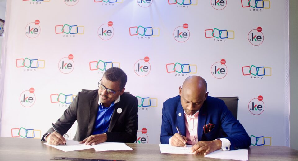 Zoho Regional Managing Director for East Africa Veerakumar Natarajan (left) and Chief Executive Officer The Kenya Network Information Centre (KeNIC) Andrew Lewela Mwanyota, sign a partnership that provides Kenic customers with free Zoho wallet credits worth KES 50,000 as well as training session on digital transformation.