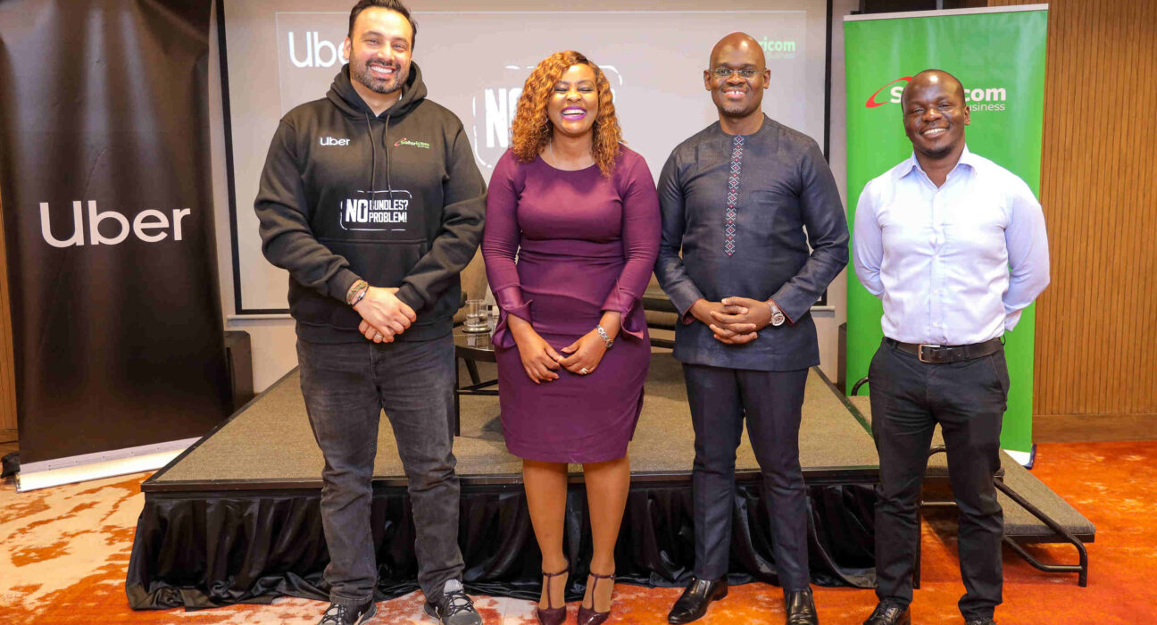 From Left: Imran Manji -Head of East and South Africa Uber, Neddy Munyasi -Segment Lead Safaricom Business, Bernard Muteti -Enterprise Solutions Director Safaricom and ICT & IOT Specialist Technical Enterprise Solutions Mr.Wallace Sinzore during the partnership announcement between Safaricom and Uber to provide free data for drivers and riders in Kenya.