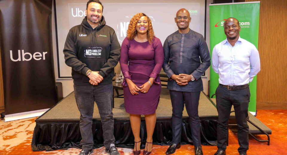 From Left: Imran Manji -Head of East and South Africa Uber, Neddy Munyasi -Segment Lead Safaricom Business, Bernard Muteti -Enterprise Solutions Director Safaricom and ICT & IOT Specialist Technical Enterprise Solutions Mr.Wallace Sinzore during the partnership announcement between Safaricom and Uber to provide free data for drivers and riders in Kenya.