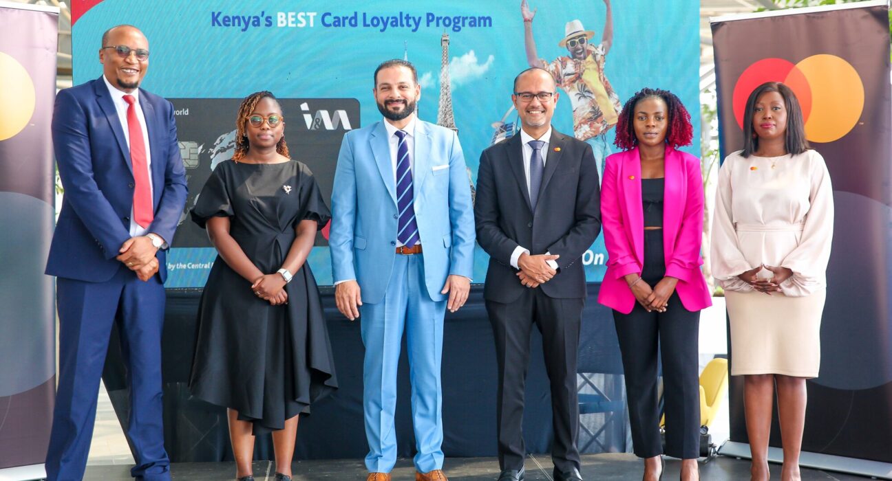 I&M Bank Kenya CEO Gul Khan(R) and Shehryar Ali(L) Mastercard, Senior Vice President and County Manager for East Africa and Indian Ocean Islands pose for a photo after the formal launch of the Milele Rewards held at one park avenue I&M, Nairobi County.
