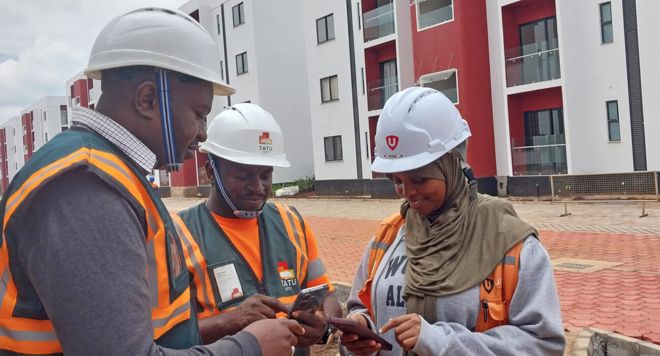 From left, Peter Kamoro - Registration Officer, National Construction Authority (NCA), Onesmus Kinyua - Lead Clerk of Works, Tatu City and Keysan Mohamednur - Site Resource Coordinator, Unity Homes, during a week-long NCA accreditation exercise, where 500 construction skilled workers and site supervisors working at Tatu City were certified.