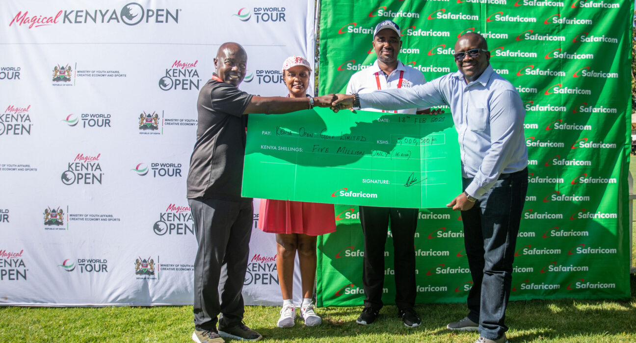 Victor Odada, Head of Payments at Safaricom, officially hands over a KES 5 million in-kind cheque to Ronald Meru, Commercial Director of the Kenya Open Golf. In support for the Magical kenya Open tournament at the Muthaiga golf club