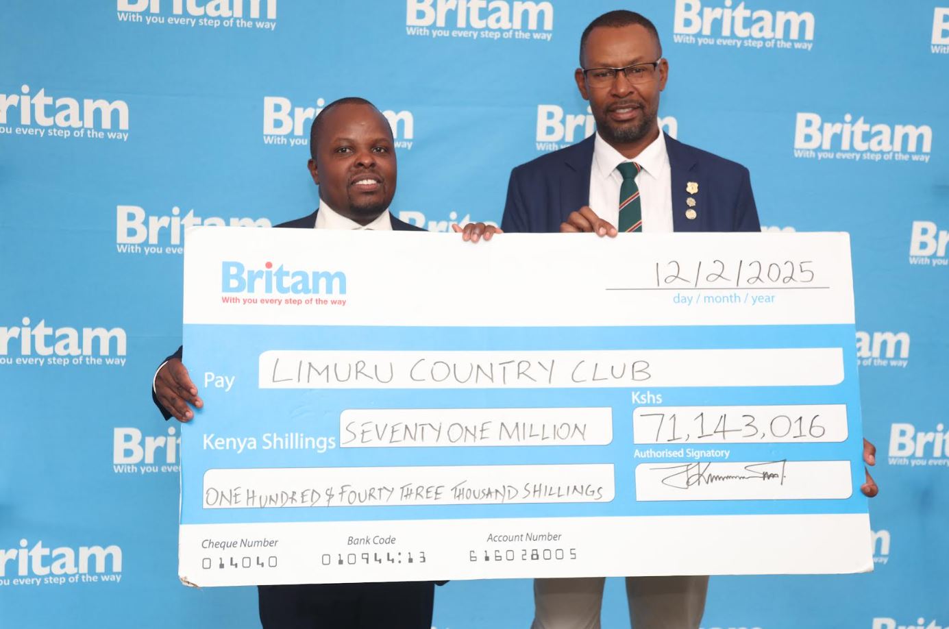 Britam General Insurance CEO & Principal Officer, James Mbithi, and Limuru Country Club Chairman, John Keru, at Limuru Country Club’s grounds in Tigoni, following Britam’s Kshs 71 million claims settlement to the club. The payout covered damages from a devastating fire on January 4, 2025, which extensively destroyed the clubhouse. The fire, suspected to have started from embers escaping the fireplace in the main bar area, caused significant losses. The clubhouse was insured under Britam’s Fire Industrial Insurance Policy, which covered buildings, plant and machinery, stock in trade, and business furniture.
