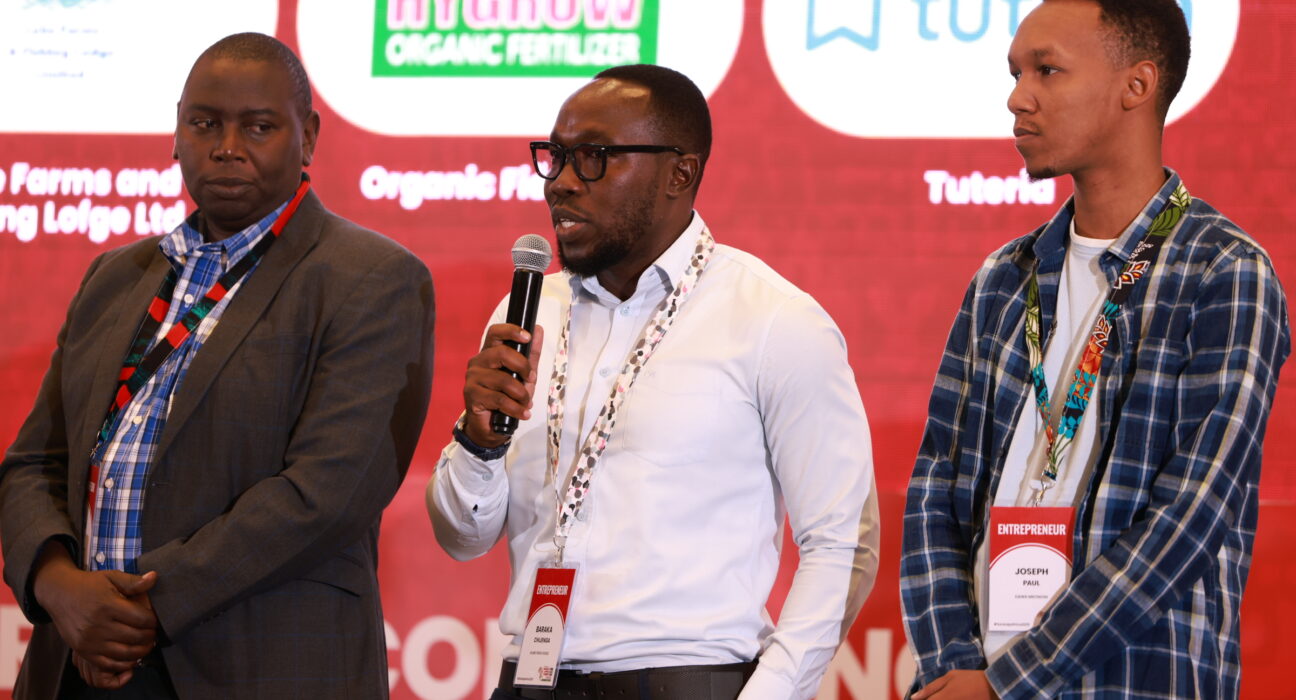 From Left- Sankalp Ecosystem Award Winner Richard Mwangi of Organic Fields Ltd, 2025 Sankalp Awards winner Baraka Chijenga of Kilimo Fresh Foods and Sankalp Awards 2nd runner up Dawa Mkononi's Joseph Paul during the finals of the Sankalp Africa Awards 2025 that were presented during the 12th Sankalp Africa Summit held at the Edge Convention Center in Nairobi