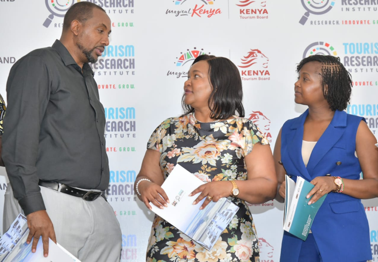 (L-R) CEC Tourism Mombasa County Mohamed Osman with CS for Tourism and Wildlife Rebecca Miano and KTB CEO June Chepkemei during the release of the 2024 Tourism Sector Performace results.