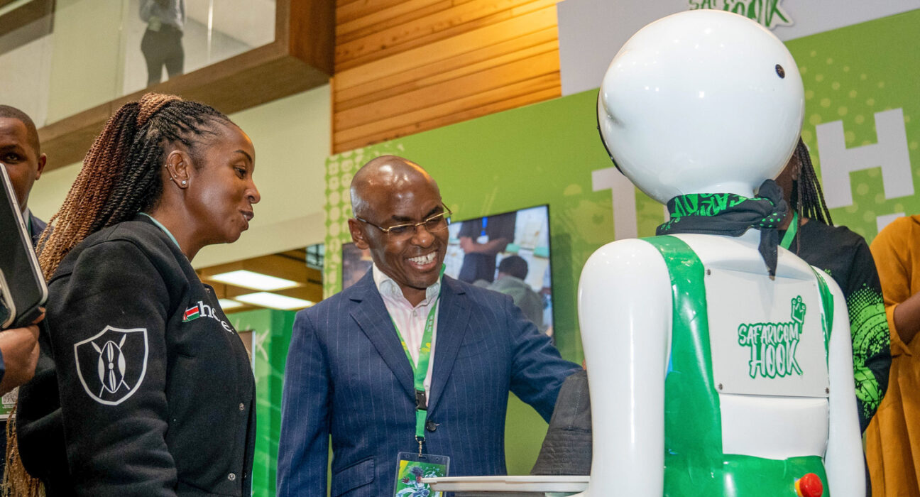 Dr.Peter Ndegwa(R) CEO Safaricom PLC with Mr. Juan Carlos Prego Global Account Manager Middle East Africa at the Safaricom Decode event held at Sarit Exco Nairobi.