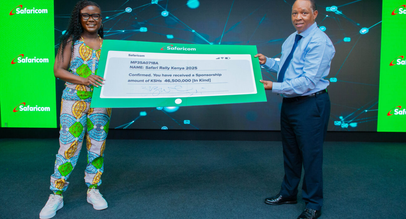 Zizwe Awuor, Director of Branding and Marketing at Safaricom (left) and Charles Gacheru, CEO of WRC Safari Rally Kenya (right), during the cheque handover ceremony where Safaricom announced a KES 46.5 million sponsorship to support the 2025 WRC Safari Rally.