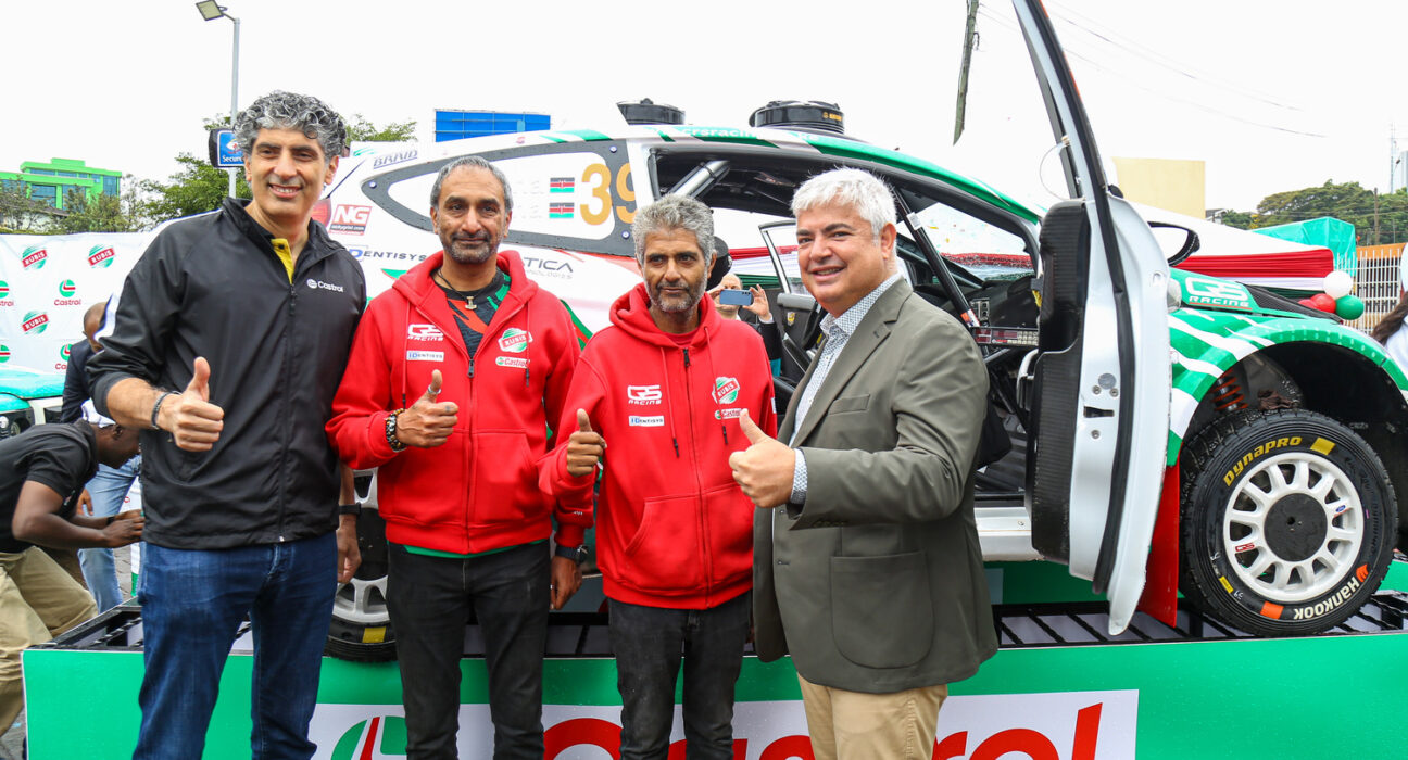 (From left) Ayhan Koksal – VP Castrol META, Ravi Chana – Navigator, Jasmeet Chana – Driver and Olivier Sabrié - RUBiS Energie East Africa Group CEO and RUBiS Energy Kenya Managing Director pose for a photo during the unveiling of RUBiS Energy Kenya and Castrol Kenya sponsored World Rally Championship (WRC) 2025 Safari Rally car at Nyayo Stadium Service station.