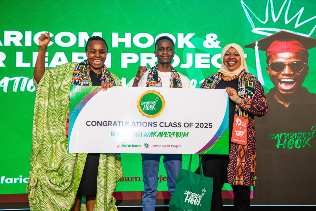 From left, Immaculate Kassait, commissioner, data protection, John Bradil Mukwana, winner of the hackathon organized by Safaricom hook and Power Learn Project and Fawzia Ali Kimanthi , Chief consumer business officer, Safaricom PLC pose for a photo during the Safaricom hook in partnership with power learn project graduation at the Michael Joseph Center on 13th June 2025 after 16 weeks of of training.