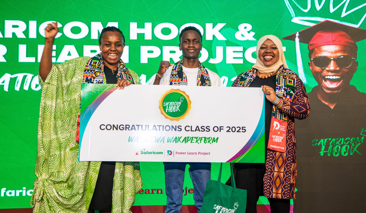 From left, Immaculate Kassait, commissioner, data protection, John Bradil Mukwana, winner of the hackathon organized by Safaricom hook and Power Learn Project and Fawzia Ali Kimanthi , Chief consumer business officer, Safaricom PLC pose for a photo during the Safaricom hook in partnership with power learn project graduation at the Michael Joseph Center on 13th June 2025 after 16 weeks of of training.