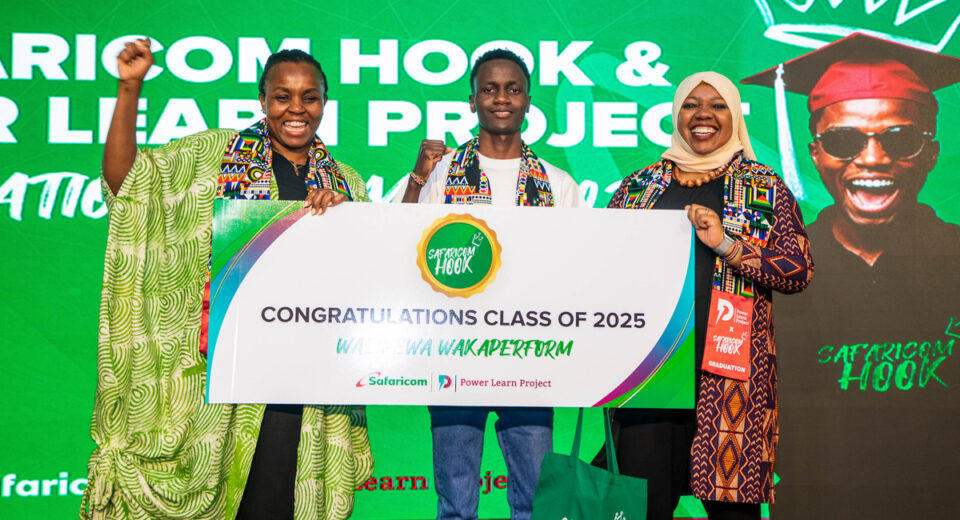 From left, Immaculate Kassait, commissioner, data protection, John Bradil Mukwana, winner of the hackathon organized by Safaricom hook and Power Learn Project and Fawzia Ali Kimanthi , Chief consumer business officer, Safaricom PLC pose for a photo during the Safaricom hook in partnership with power learn project graduation at the Michael Joseph Center on 13th June 2025 after 16 weeks of of training.