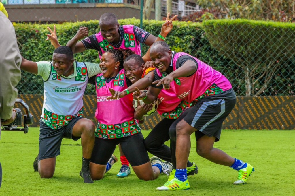 Kitale Media Team A celebrates after emerging second in the Safaricom 5-aside Rift Valley Regional Tournament held at Kip Keino Arena in Eldoret.