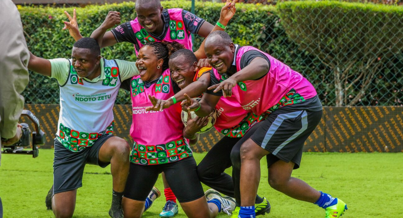 Kitale Media Team A celebrates after emerging second in the Safaricom 5-aside Rift Valley Regional Tournament held at Kip Keino Arena in Eldoret.