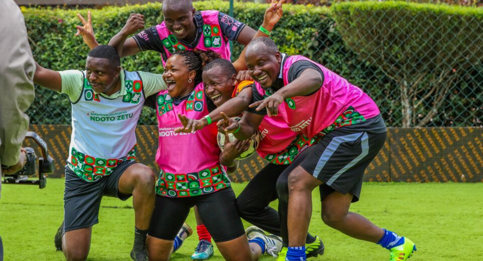 Kitale Media Team A celebrates after emerging second in the Safaricom 5-aside Rift Valley Regional Tournament held at Kip Keino Arena in Eldoret.