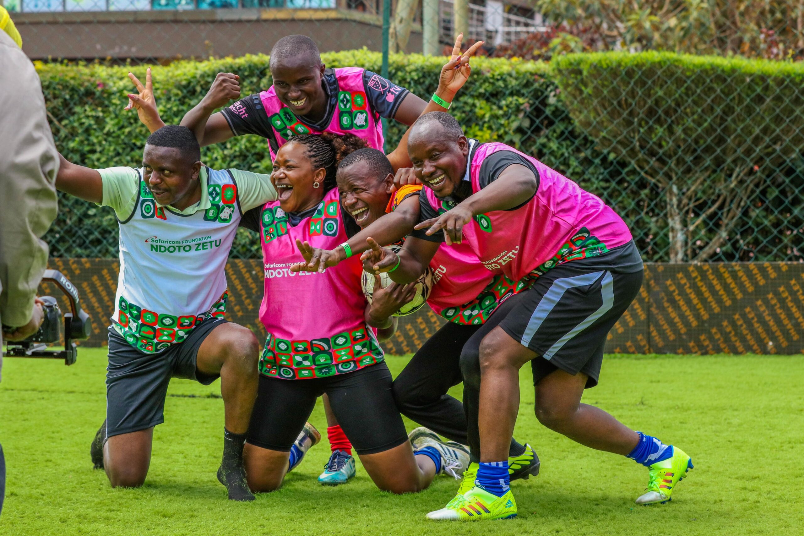 Kitale Media Team A celebrates after emerging second in the Safaricom 5-aside Rift Valley Regional Tournament held at Kip Keino Arena in Eldoret.