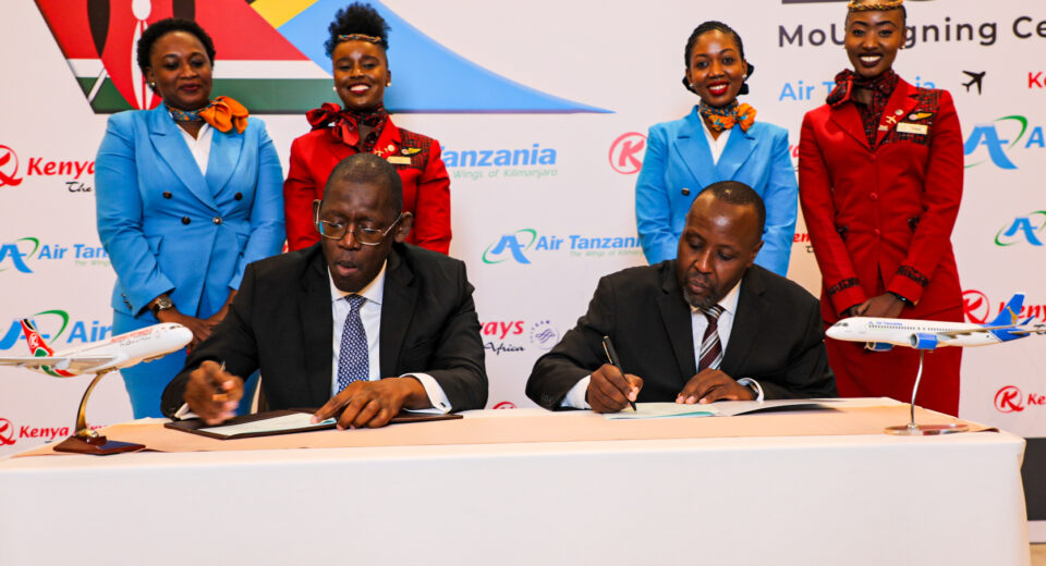 (L) Air Tanzania CEO Mr. Peter Ulanga, (R) Kenya Airways Group Managing Director and CEO Mr. Allan Kilavuka