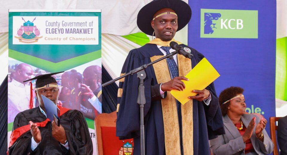 Elgeyo Marakwet County Governor Wisley Rotich during the 2Jiajiri Graduation in Iten. A total of 800 youth graduated from the programme with different technical skills on July 15, 2025.