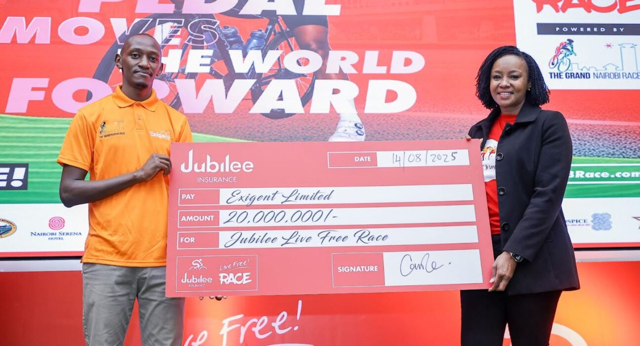 From L James Kiargu of Grand Nairobi Bike Race (GNBR) and Caroline Ndungu, Group Head of Marketing and Corporate Communications - Jubilee Holdings, during the official launch of the 5th edition of the Jubilee Live Free Race at Jubilee Holding HQ in Upperhill, Nairobi