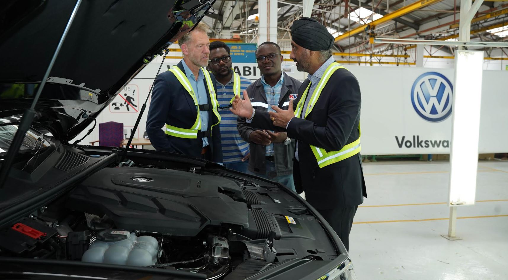 (From left) General Manager, Kenya Vehicle Manufacturers (KVM) - Moses Abiero, Deputy Head of Mission, Head of Economic Affairs German Embassy - Alexander Fierley, Economic Affairs, Economic Cooperation & Development, German Embassy - Pius Ogola Ongoo and CFAO Mobility Managing Director, Arvinder Reel during the visit at Kenya Vehicle Manufacturers (KVM) where Kenya and Germany renewed cooperation aimed at strengthening the local automotive sector.