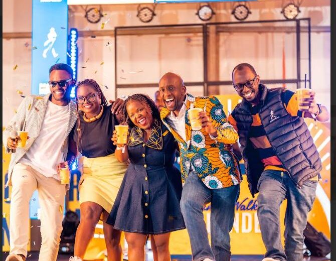 Duncan Mokaya, Shopper Manager at Johnnie Walker, Grace Ndiege, Influence and Advocacy Manager at Dgitribe, EABL, Shirlyn Ndumbu, Johnnie Walker Brand Manager, Alvin Mbugua, General Manager, Spirits, EABL and Dan Obura, Senior Program Manager, Digitribe, EABL posing for a photo during the influencer and media launch of Johnnie Walker Blonde at Africa Heritage House.