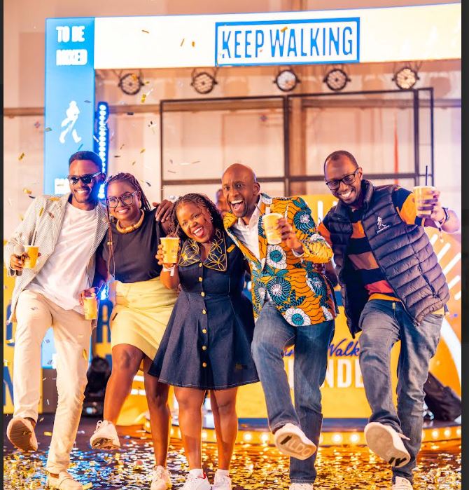 Duncan Mokaya, Shopper Manager at Johnnie Walker, Grace Ndiege, Influence and Advocacy Manager at Dgitribe, EABL, Shirlyn Ndumbu, Johnnie Walker Brand Manager, Alvin Mbugua, General Manager, Spirits, EABL and Dan Obura, Senior Program Manager, Digitribe, EABL posing for a photo during the influencer and media launch of Johnnie Walker Blonde at Africa Heritage House.