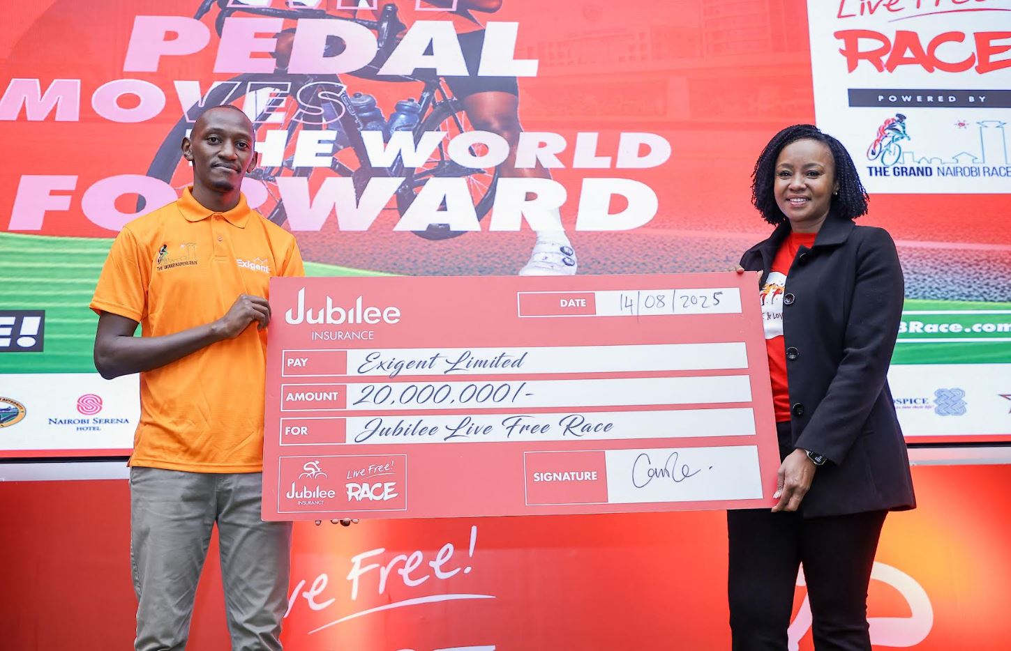From L James Kiargu of Grand Nairobi Bike Race (GNBR) and Caroline Ndungu, Group Head of Marketing and Corporate Communications - Jubilee Holdings, during the official launch of the 5th edition of the Jubilee Live Free Race at Jubilee Holding HQ in Upperhill, Nairobi