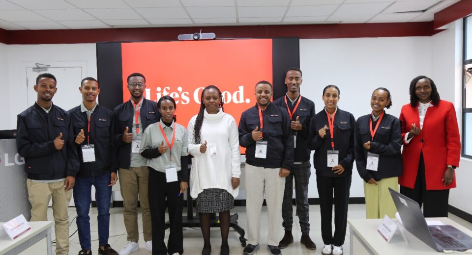 LG Electronics East Africa HR Manager, Ann Wang’ondu (5th from left), and LG Electronics East Africa Assistant HR Manager, Mercy Kurui (right), with students from the LG-KOICA Hope TVET College in Ethiopia during their educational tour of LG’s Nairobi offices. The initiative aims to provide hands-on industry experience and enhance employability for young professionals.