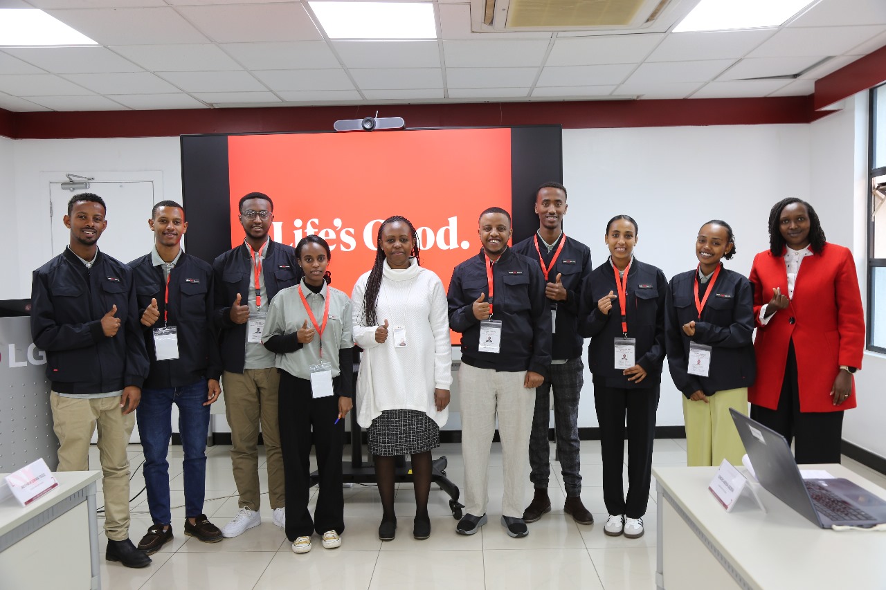 LG Electronics East Africa HR Manager, Ann Wang’ondu (5th from left), and LG Electronics East Africa Assistant HR Manager, Mercy Kurui (right), with students from the LG-KOICA Hope TVET College in Ethiopia during their educational tour of LG’s Nairobi offices. The initiative aims to provide hands-on industry experience and enhance employability for young professionals.