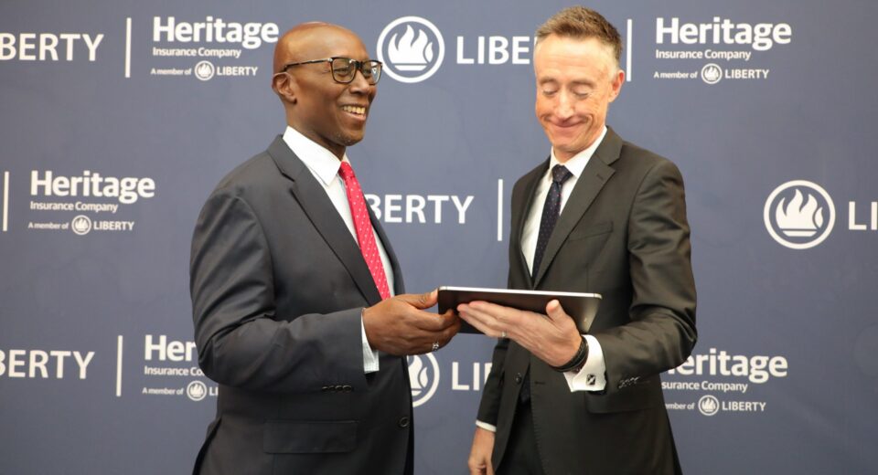 Liberty Kenya Holdings Plc Chairman Phillip Odera (R) and Group Chief Executive Officer Kieran Godden at the company's first-half 2025 results presentation at Liberty House in Nairobi. The insurer reported earnings of KShs 260 million and announced digital transformation plans following the successful completion of its Tanzania operations sale for KShs 503 million.