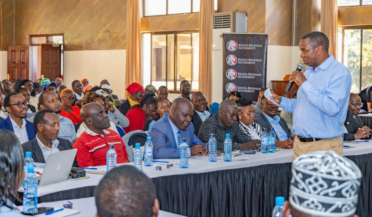 KRA chairman Nderitu Muriithi addresses attendees to KRA's Nakuru Citizen Assembly convened to promote open dialogue, constructive feedback and inform service improvements.