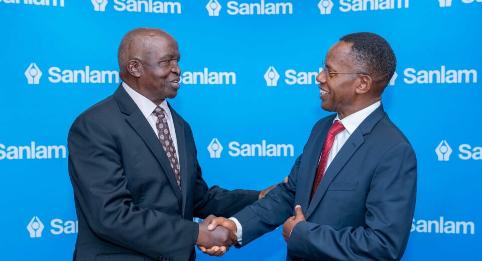 Sanlam Kenya PLC Chairman Dr John Simba (left) shares a light moment with the company's Group CEO Dr Patrick Tumbo (right) at a past event