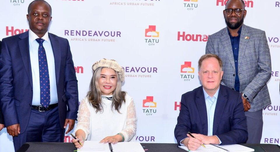 (l-r) John Mwendwa, CEO KenInvest, Lyu JuFang, Chairlady, Hounen, Preston Mendenhall, Group COO Rendeavour and Country Head Kenya, and Solomon Mahinda, Tatu City’s Executive Vice President during the signing ceremony of an agreement that will see Hounen develop a solar panel and solar cell manufacturing plant as well as mixed-use real estate in Tatu City.